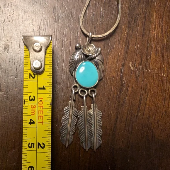 Sterling Silver and Turquoise Feather Pendant With Necklace - Picture 3 of 3